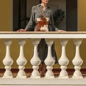 White & Cocoa Upcycled Canvas & Cowhide Crossbody Bag